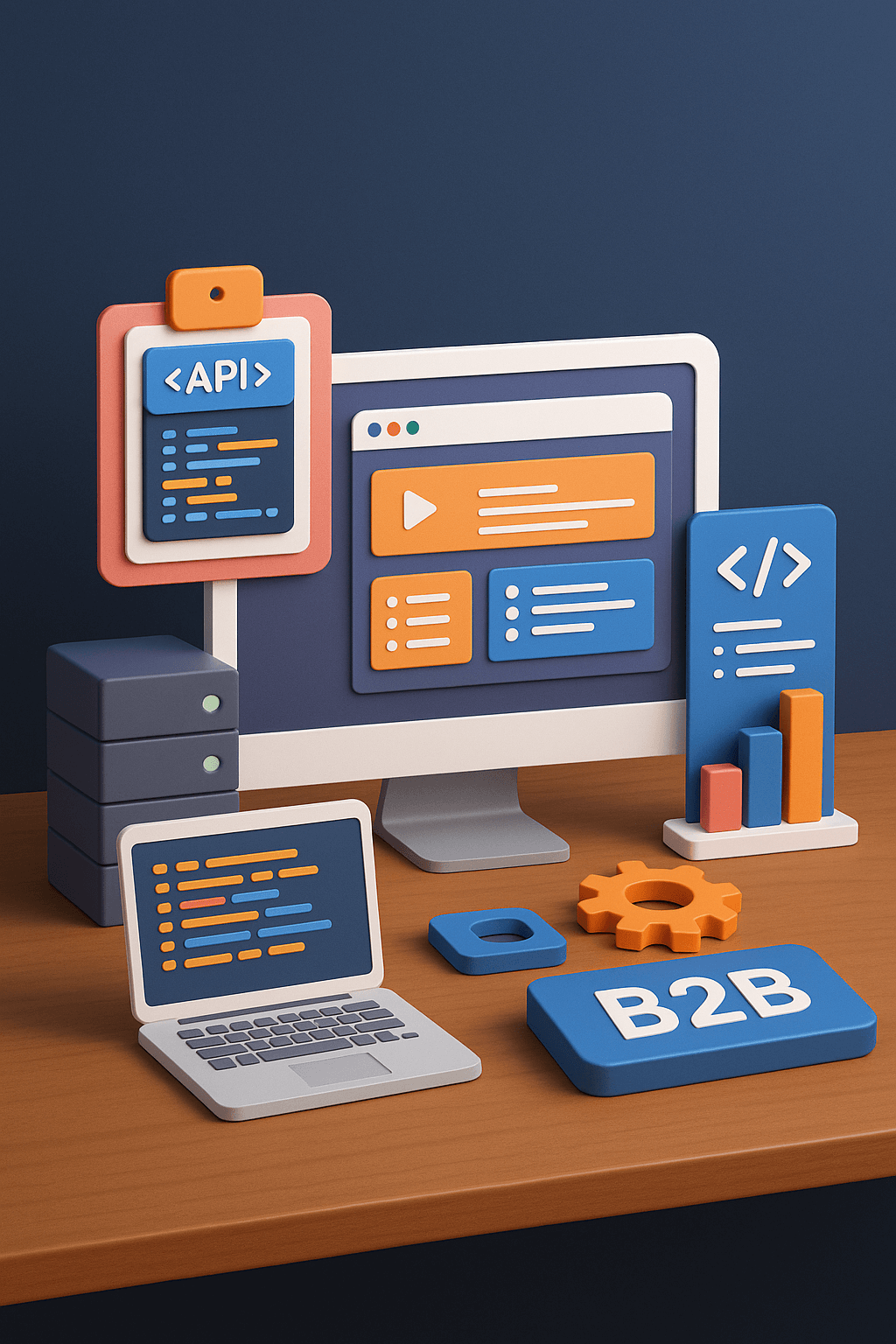 3D web geliştirme öğeleri: masa üzerinde bilgisayar, laptop, kod kartları, sunucu ve API entegrasyonu simgeleri